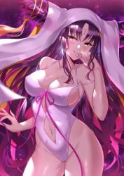 Rule 34 | 1girl, absurdres, bare shoulders, black hair, blush, breasts, cleavage, collarbone, facial mark, fate/extra, fate/extra ccc, fate (series), forehead mark, habit, heiyan shenshi, highleg, highleg swimsuit, highres, horns, large breasts, long hair, looking at viewer, multicolored hair, navel, one-piece swimsuit, parted lips, pink hair, pink ribbon, ribbon, sessyoin kiara, smile, solo, swimsuit, thighs, two-tone hair, very long hair, wavy hair, white one-piece swimsuit, yellow eyes