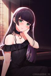 Rule 34 | 1girl, arm support, backlighting, bare shoulders, black choker, black dress, black hair, blunt bangs, blush, bocchi the rock!, breasts, choker, colored inner hair, dress, ear piercing, earrings, frilled dress, frills, goth fashion, green eyes, hand on own cheek, hand on own face, head tilt, highres, hime cut, indoors, jewelry, lip piercing, long dress, long hair, looking at viewer, multicolored hair, off-shoulder dress, off shoulder, pa-san, piercing, seductive smile, sitting, small breasts, smile, solo, unidentified nk