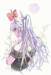 Rule 34 | 1girl, :|, artist name, bamboo, bare shoulders, blush, bow, closed mouth, commentary, cropped torso, crossed arms, dated, dress, full moon, gasaisanae, green dress, highres, horn bow, horn ornament, horns, kamishirasawa keine, light green hair, long hair, moon, off-shoulder dress, off shoulder, ponytail, red bow, red eyes, simple background, solo, sparkle, touhou, tsurime, upper body, very long hair, white background