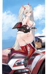 1girl absurdres ass azur_lane bare_shoulders black_gloves blonde_hair blue_sky blush boots bow breasts car clothes_pull copyright_name cropped_jacket day fingerless_gloves from_behind full_body gloves hair_between_eyes hair_bow half-closed_eyes hand_on_own_ass hand_up high_heel_boots high_heels highres jacket jacket_pull kneeling l&#039;audacieux_(azur_lane) l&#039;audacieux_(protector_beneath_the_parasol)_(azur_lane) long_hair looking_at_viewer looking_back manjuu_(azur_lane) motor_vehicle on_vehicle open_clothes open_jacket race_queen red_eyes shirt sideboob skindentation sky sleeveless sleeveless_shirt smile solo suo_bu_ye_feng thigh_boots thighs twintails very_long_hair white_shirt