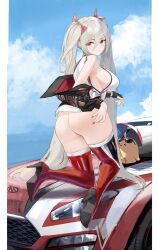 1girl ass azur_lane bare_shoulders black_gloves blonde_hair blue_sky blush boots bow breasts car clothes_pull copyright_name cropped_jacket day fingerless_gloves from_behind full_body gloves hair_between_eyes hair_bow half-closed_eyes hand_on_own_ass hand_up high_heel_boots high_heels highres jacket jacket_pull kneeling l&#039;audacieux_(azur_lane) l&#039;audacieux_(protector_beneath_the_parasol)_(azur_lane) long_hair looking_at_viewer looking_back manjuu_(azur_lane) motor_vehicle on_vehicle open_clothes open_jacket race_queen red_eyes shirt sideboob skindentation sky sleeveless sleeveless_shirt smile solo suo_bu_ye_feng thigh_boots thighs twintails very_long_hair white_shirt