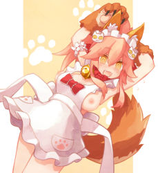 Rule 34 | 1girl, animal ear fluff, animal ears, apron, armpits, arms behind head, arms up, bare shoulders, bell, blush, bow, breasts, cat hair ornament, collar, fangs, fate/extra, fate/grand order, fate (series), fox ears, fox girl, fox tail, frills, hair between eyes, hair bow, hair ornament, highres, jingle bell, large breasts, long hair, looking at viewer, naked apron, neck bell, nipples, open mouth, paw print, pink hair, ponytail, red bow, sideboob, sidelocks, smile, solo, sorrau, tail, tamamo (fate), tamamo cat (fate), tamamo cat (third ascension) (fate), thighs, white apron, yellow eyes