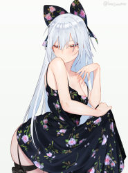 Rule 34 | 1girl, beijuu, black dress, bow, breasts, clothes lift, dress, dress lift, floral print, girls&#039; frontline, hair between eyes, hair bow, half-closed eyes, highres, lifting own clothes, long hair, red eyes, silver hair, simple background, skindentation, sleeveless, sleeveless dress, solo, thigh strap, tokarev (girls&#039; frontline), twitter username, white background