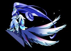 Rule 34 | 1girl, black background, blue hair, cure diamond, curly hair, dokidoki! precure, hishikawa rikka, knees to chest, long hair, magical girl, multicolored wings, ponytail, precure, senmu (0107), shoes, sitting, skirt, solo, wings