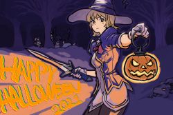 Rule 34 | 1girl, 2021, absurdres, alternate costume, armor, black headwear, blonde hair, brown pantyhose, cassandra alexandra, commentary, corset, cowboy shot, dated, foreshortening, forest, gloves, halloween, happy halloween, hat, highres, holding, holding lantern, holding sword, holding weapon, jack-o&#039;-lantern, lantern, medium hair, nature, neck ribbon, orange theme, outdoors, outline, pantyhose, pumpkin, red ribbon, ribbon, seset, solo, soul calibur, sword, tree, weapon, white gloves, witch hat