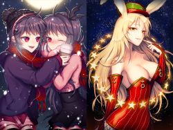 Rule 34 | 3girls, animal ears, bad id, bad pixiv id, blonde hair, blush, breasts, bridal gauntlets, cannelle (sword girls), cleavage, coffee, corset, fang, finger to mouth, gradient background, hairband, hat, headphones, large breasts, long hair, looking at another, looking at viewer, multiple girls, night, official art, one eye closed, open mouth, parted lips, peaked cap, purple hair, rabbit ears, red eyes, rion flina, short hair, shorts, sion flina, smile, snowing, star (symbol), sword girls, very long hair, winter clothes, yellow eyes, yuri (anachronic)