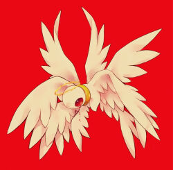 Rule 34 | biblically accurate angel, blood, bloody tears, collar, commentary request, creature, feathered wings, gold collar, halo, lobotomy corporation, masyu ori, multiple wings, no humans, project moon, red background, red eyes, simple background, whitenight (project moon), wings, yellow halo