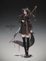 Rule 34 | 1girl, animal ears, black hair, card, closed mouth, deel (rkeg), fox ears, fox tail, gradient background, highres, jacket, long hair, looking to the side, open clothes, open jacket, original, red eyes, ribbon, solo, standing, sword, tail, tail ornament, tail ribbon, thighhighs, weapon