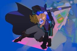 Rule 34 | 1boy, arm up, black cape, blonde hair, blue background, blue eyes, boots, brown footwear, cape, champion&#039;s tunic (zelda), closed mouth, grey pants, highres, holding, holding sword, holding weapon, link, looking at viewer, master sword, nintendo, pants, sidelocks, solo, sword, the legend of zelda, the legend of zelda: tears of the kingdom, vellmori, weapon, zoom layer