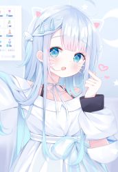 Rule 34 | 1girl, :d, ahoge, amatsuka uto, animal ears, bare shoulders, blue eyes, blurry, blurry background, blush, cat ears, collarbone, commentary, depth of field, deyui, drawn ears, drawn whiskers, dress, english commentary, hair ornament, hairclip, heart, highres, indie virtual youtuber, long hair, long sleeves, looking at viewer, off-shoulder dress, off shoulder, open mouth, pleated dress, puffy long sleeves, puffy sleeves, reaching, reaching towards viewer, selfie, silver hair, smile, solo, teeth, upper teeth only, very long hair, virtual youtuber, white dress, wing hair ornament