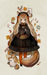 Rule 34 | 1girl, :&lt;, animal, animal ears, autumn, autumn leaves, basket, black dress, black footwear, black hairband, blunt ends, bow, bowtie, brown eyes, chestnut, closed mouth, clothed animal, commentary request, dress, food, frilled hairband, frilled shirt collar, frills, fruit, full body, ghost costume, hairband, hands up, highres, holding, holding basket, leaf, long hair, long sleeves, looking at viewer, mary janes, mushroom, orange bow, orange bowtie, orange pantyhose, original, pantyhose, puffy long sleeves, puffy sleeves, sakutake (ue3sayu), shoes, solo, squirrel, squirrel ears, squirrel girl, squirrel tail, standing, straight-on, tail, very long hair