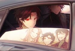 Rule 34 | 5boys, back hair, black sweater, braid, brown hair, car interior, chinese commentary, closed eyes, closed mouth, commentary request, earrings, grey jacket, grin, harada minoru, hatsutori hajime, highres, jacket, jewelry, long hair, male focus, multiple boys, open clothes, open jacket, parted bangs, pink hair, purple hair, red eyes, saibou shinkyoku, scar, scar on face, scar on forehead, short hair, side braid, siyuyuan82128, smile, sweater, theodore riddle, turtleneck, turtleneck sweater, utsugi noriyuki, yellow eyes