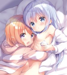 Rule 34 | 2girls, amedamacon, bed sheet, blue eyes, blue hair, blush, breasts, brown hair, cellphone, censored, censored nipples, chestnut mouth, coat, commentary request, girl on top, gochuumon wa usagi desu ka?, hair between eyes, heart, heart censor, holding, holding phone, hood, hood down, hooded jacket, hoodie, hoto cocoa, jacket, kafuu chino, long hair, long sleeves, lying, medium breasts, multiple girls, naked coat, navel, on back, open clothes, open jacket, open mouth, out-of-frame censoring, parted lips, phone, purple eyes, small breasts, striped clothes, striped hoodie, striped jacket, very long hair, white jacket, yuri