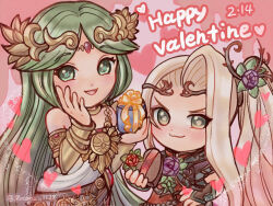 Rule 34 | 2girls, :3, blonde hair, blush, box, chain, chibi, diadem, flower, gold chain, green eyes, green hair, hair flower, hair ornament, hand on own face, happy valentine, heart-shaped box, kid icarus, kid icarus uprising, looking at viewer, multiple girls, nintendo, palutena, ponytail, smile, suruga kanade, twitter username, valentine, viridi