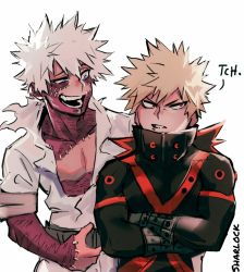 Rule 34 | 2boys, artist name, bakugou katsuki, blonde hair, blue eyes, boku no hero academia, burn scar, cheek piercing, crossed arms, dabi (boku no hero academia), highres, looking at another, male focus, messy hair, multiple boys, multiple scars, open mouth, piercing, red eyes, scar, scar on hand, scar on neck, sharl0ck, spiked hair, spoilers, staple, stapled, stitches, teeth, white background, white hair