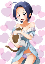 Rule 34 | 1girl, :d, ahoge, between breasts, blue hair, bow, bow panties, breasts, calico, cat, cleavage, clothes lift, dress, dress lift, head between breasts, heart, idolmaster, idolmaster (classic), miura azusa, off shoulder, open mouth, panties, red eyes, short hair, smile, solo, sunsun69, underwear