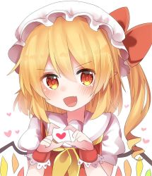 Rule 34 | &gt;:d, 1girl, :d, bad id, bad pixiv id, blonde hair, blush, bow, coda (ankoprpr3700), crystal, fang, flandre scarlet, hair between eyes, hat, hat bow, heart, looking at viewer, mob cap, neckerchief, open mouth, orange eyes, puffy short sleeves, puffy sleeves, red bow, red vest, shirt, short sleeves, side ponytail, smile, solo, touhou, upper body, v-shaped eyebrows, vest, white shirt, wings, wrist cuffs