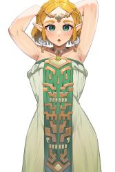 Rule 34 | 1girl, armpits, arms up, blonde hair, blush, braid, circlet, commentary, crown braid, dress, earrings, english commentary, esencey, green eyes, grey dress, highres, jewelry, looking at viewer, necklace, nintendo, official alternate costume, open mouth, parted bangs, pelvic curtain, pointy ears, princess zelda, short hair, solo, strapless, strapless dress, the legend of zelda, the legend of zelda: tears of the kingdom, white background