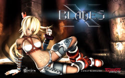 Rule 34 | 1girl, 3d, ayumi (x-blades), blonde hair, blue eyes, breasts, copyright name, fingerless gloves, full body, gloves, grass, hair ornament, highres, large breasts, midriff, navel, official art, official wallpaper, rendering, solo, tattoo, wallpaper, watermark, web address, x-blades