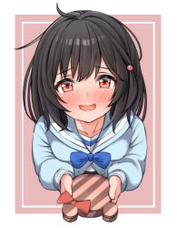 Rule 34 | 1girl, :d, ahoge, black hair, blue bow, blue jacket, blue sailor collar, blush, bow, box, brown background, commentary request, gift, gift box, granblue fantasy, hekomii, holding, holding gift, jacket, long sleeves, nervous smile, nose blush, open mouth, puffy long sleeves, puffy sleeves, red bow, red eyes, sailor collar, shirt, sleeves past wrists, smile, solo, sweat, two-tone background, vikala (granblue fantasy), white background, white shirt