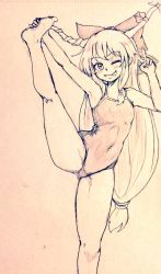 Rule 34 | 1girl, bare legs, barefoot, bow, breasts, commentary request, covered navel, cowboy shot, d-m (dii emu), eyelashes, greyscale, horns, ibuki suika, leg up, long hair, looking at viewer, monochrome, one-piece swimsuit, one eye closed, oni horns, small breasts, standing, standing on one leg, swimsuit, tongue, tongue out, touhou, traditional media, v, very long hair