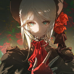 Rule 34 | 1girl, ascot, bloodborne, blue eyes, bonnet, brown cloak, cloak, closed mouth, doll, doll joints, fingerless gloves, flower, gloves, highres, joints, looking at viewer, parted bangs, plain doll, red ascot, red gloves, satsuya, solo, upper body, white hair
