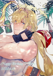 Rule 34 | 1boy, alcohol, beer, beer bottle, black gloves, blonde hair, blue eyes, character name, closed mouth, dated, english text, fatal fury cap, fingerless gloves, gloves, hair between eyes, happy birthday, hat, unworn hat, unworn headwear, highres, long hair, looking at viewer, male focus, mmts g, palm leaf, palm tree, ponytail, sleeveless, smirk, solo, terry bogard, the king of fighters, the king of fighters for girls, tree, very long hair