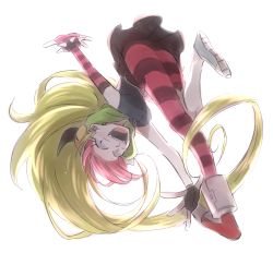 Rule 34 | 1girl, ass, crazy eyes, crazy smile, demencia, long hair, looking at viewer, multicolored hair, single thighhigh, skirt, smile, striped clothes, striped thighhighs, thighhighs, villainous