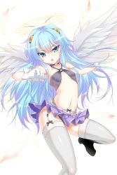 Rule 34 | 19 (kaitou19), 1girl, anael (soccer spirits), angel, antenna hair, arm up, bare shoulders, black panties, blue eyes, blue hair, boots, breasts, clothes lift, frilled skirt, frills, garter belt, gloves, halo, head wings, highres, leg up, long hair, looking at viewer, navel, official art, open mouth, panties, resized, shoes, sidelocks, skirt, skirt lift, small breasts, soccer spirits, solo, thigh boots, thighhighs, transparent background, underboob, underwear, upscaled, very long hair, white gloves, white thighhighs, wings