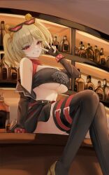 1girl :d absurdres bar_(place) bare_shoulders black-framed_eyewear black_gloves black_jacket black_skirt black_thighhighs blonde_hair blush bottle breasts burnice_white elbow_gloves eyewear_on_head fingerless_gloves gloves grin highres ileong indoors jacket large_breasts long_sleeves miniskirt off_shoulder on_counter open_mouth parted_lips red-tinted_eyewear red_eyes short_hair short_twintails single_glove sitting skirt smile solo spiked_belt strapless sunglasses thigh_strap thighhighs tinted_eyewear tube_top twintails underboob v zenless_zone_zero