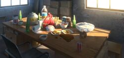Rule 34 | bottle, box, can, cardboard box, chair, chopsticks, drink can, food, highres, indoors, jar, no humans, original, plate, scenery, soda can, toilet paper, window, xingzhi lv
