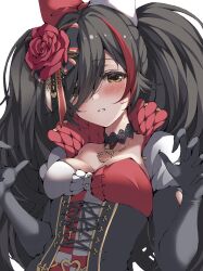 Rule 34 | absent, absurdres, black choker, black hair, blush, breasts, choker, corset, flower, hair flower, hair ornament, hair over one eye, highres, hololive, long hair, medium breasts, multicolored hair, ookami mio, ookami mio (wonderland), parted lips, pointy ears, red flower, red hair, red rose, rose, simple background, streaked hair, twintails, upper body, virtual youtuber, white background, yellow eyes