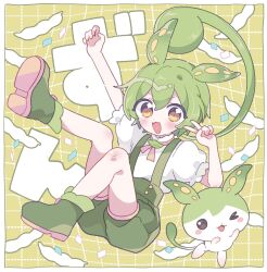 Rule 34 | 1girl, :3, aeruusa, arm up, boots, commentary, creature and personification, edamame, green footwear, green hair, green shorts, green suspenders, hair between eyes, hand up, highres, leg up, looking at viewer, one eye closed, open mouth, orange eyes, puffy short sleeves, puffy shorts, puffy sleeves, shirt, short sleeves, shorts, v, voiceroid, voicevox, white shirt, zundamon