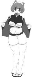Rule 34 | 1girl, animal ears, bad anatomy, breasts, collar, dog ears, full body, greyscale, large breasts, looking at viewer, monochrome, open mouth, panties, plump, sandals, short hair, solo, thick thighs, thigh gap, thighhighs, thighs, underwear