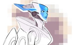 Rule 34 | 1girl, bald, blue eyes, blue lips, commentary, echo (overwatch), english commentary, hologram, looking at viewer, miranda yeo, nose, overwatch, overwatch 1, pixelated, robot, solo, upper body