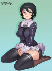 Rule 34 | 1girl, artist name, bike shorts, black hair, blue background, boots, breasts, brown footwear, dated, frilled skirt, frills, gradient background, green background, green eyes, hair between eyes, highres, kneeling, large breasts, long sleeves, looking at viewer, norasuko, only human, own hands together, parted lips, short hair, sin nanatsu no taizai, sitting, skirt, solo, the seven deadly sins, thighhighs, totsuka maria, wariza