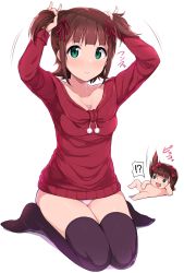 Rule 34 | !?, 1girl, :&gt;, amami haruka, black thighhighs, blunt bangs, blush, breasts, brown hair, bunching hair, chibi, chibi inset, closed mouth, green eyes, hidebou, idolmaster, idolmaster (classic), long sleeves, looking at viewer, looking away, looking up, lying, medium breasts, no shoes, nonowa, nude, off shoulder, on back, open mouth, panties, pink panties, pom pom (clothes), red sweater, seiza, short hair, sitting, smile, solo, sweater, thighhighs, thighs, two side up, underwear