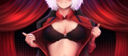 1girl absurdres black_bra black_nails black_vest blush bra breasts chair crazyghostle demon demon_girl faceless faceless_female helltaker highres malina_(helltaker) navel open_clothes open_shirt sitting underwear vest white_hair