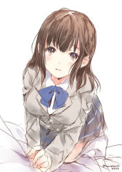 Rule 34 | 1girl, all fours, blazer, blue bow, blue bowtie, blush, bow, bowtie, breasts, brown eyes, brown hair, hair ornament, hairclip, hanekoto, jacket, kneehighs, large breasts, long hair, long sleeves, looking at viewer, matching hair/eyes, neckerchief, open mouth, original, pleated skirt, school uniform, simple background, sketch, skirt, smile, socks, solo, twitter username, white socks
