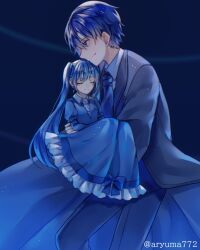 Rule 34 | 1boy, 1girl, akutoku no judgement (vocaloid), aryuma772, ascot, black robe, blue ascot, blue dress, blue eyes, blue hair, blue theme, carrying, clockworker&#039;s doll, closed eyes, closed mouth, collared dress, dress, evillious nendaiki, father and daughter, frilled dress, frills, from side, gallerian marlon, hakoniwa no shoujo (vocaloid), hatsune miku, houtei no nushi, judge, kaito (vocaloid), long sleeves, mini person, minigirl, princess carry, profile, robe, sleeping, smile, twitter username, vessel of sin, vocaloid