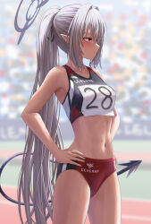 Rule 34 | 1girl, alternate costume, armpits, bare arms, bare shoulders, black ribbon, black tail, blue archive, blurry, blurry background, blush, breasts, buruma, closed mouth, cowboy shot, crop top, demon girl, demon tail, depth of field, grey hair, hair between eyes, hair intakes, hair ribbon, halo, hands on own hips, highres, iori (blue archive), long hair, looking to the side, midriff, navel, number print, outdoors, pointy ears, ponytail, profile, race bib, red buruma, red eyes, ribbon, shirt, sidelocks, silver bullet (ecc12 8), sleeveless, sleeveless shirt, small breasts, solo, sports bikini, sportswear, stomach, straight hair, tail, text print, thighs, track and field, very long hair