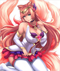 Rule 34 | 1girl, absurdres, ahri (league of legends), animal ears, armpits, bare shoulders, blue eyes, blush, breasts, choker, cleavage, closed mouth, detached sleeves, fox ears, fox tail, hair ornament, headpiece, highres, large breasts, league of legends, long hair, multiple tails, nail polish, red hair, short hair, solo, star guardian (league of legends), star guardian ahri, tail, thighhighs, very long hair, white thighhighs, yashichii
