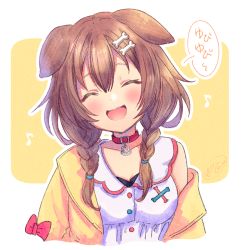 Rule 34 | 1girl, ^ ^, animal ears, blush, bone hair ornament, braid, breasts, brown hair, catchphrase, choker, closed eyes, commentary, dog ears, dog girl, dress, eyelashes, hair between eyes, hair ornament, head tilt, hololive, inugami korone, inugami korone (1st costume), ittokyu, jacket, looking at viewer, medium breasts, medium hair, musical note, off shoulder, open clothes, open jacket, open mouth, red choker, side braids, signature, sleeveless, sleeveless dress, smile, solo, speech bubble, translated, twin braids, upper body, virtual youtuber, white dress, yellow jacket