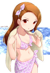 Rule 34 | 1girl, bikini, bikini top only, bow, breasts, brown eyes, brown hair, chestnut mouth, dated, hair bow, hands up, highres, holding, holding towel, idolmaster, idolmaster (classic), long hair, looking at viewer, minase iori, nagian, navel, purple bikini, small breasts, solo, standing, swimsuit, towel, water