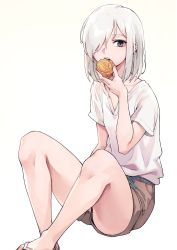 Rule 34 | 1girl, bare legs, belt, brown shorts, commentary request, eating, food, grey eyes, grey hair, hair over one eye, highres, holding, holding food, no socks, one eye covered, oopartz yang, open mouth, original, sandals, shirt, short hair, short sleeves, shorts, simple background, sitting, solo, white background, white shirt