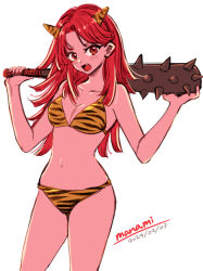 Rule 34 | 1girl, animal print, artist name, bikini, breasts, cleavage, club, club (weapon), collarbone, colored skin, commentary request, dated, fang, holding, holding club, holding weapon, horns, long hair, looking at viewer, medium breasts, navel, oni, open mouth, original, over shoulder, parted bangs, print bikini, red eyes, red hair, red skin, setsubun, simple background, solo, spiked club, standing, stomach, sugano manami, swimsuit, tiger print, weapon, weapon over shoulder, white background