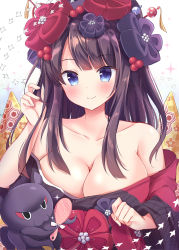 Rule 34 | 1girl, alternate hair length, alternate hairstyle, bad id, bad pixiv id, bare shoulders, black hair, blue eyes, blush, breasts, cleavage, closed mouth, collarbone, commentary request, fate/grand order, fate (series), hair ornament, hair stick, highres, japanese clothes, katsushika hokusai (fate), large breasts, long hair, looking at viewer, masayo (gin no ame), octopus, smile, solo, upper body
