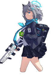 Rule 34 | 1girl, absurdres, animal ear fluff, animal ears, assault rifle, bag, black jacket, black skirt, blue archive, blue eyes, breasts, cropped legs, cross hair ornament, gloves, green gloves, grey hair, gun, hair ornament, halo, highres, holding, holding gun, holding weapon, id card, jacket, ken rqll, looking at viewer, looking to the side, miniskirt, open clothes, open jacket, parted lips, rifle, scarf, shiroko (blue archive), shirt, shirt tucked in, short hair, shoulder bag, skirt, small breasts, solo, walking, weapon, white shirt, wolf ears
