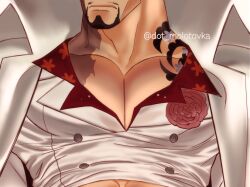 Rule 34 | 1boy, bara, black hair, burn scar, close-up, dot molotovka, facial hair, flower in pocket, frown, head out of frame, large pectorals, male focus, mature male, midriff peek, muscular, muscular male, mustache stubble, one piece, pectoral cleavage, pectoral focus, pectorals, sakazuki (akainu), scar, short hair, stubble, thick eyebrows