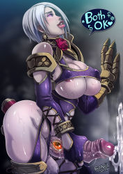 Rule 34 | 1futa, anal, anal object insertion, armor, breasts, butcha-u, cum, dildo, full-package futanari, futanari, futanari masturbation, glowing, glowing eyes, gradient background, huge breasts, isabella valentine, large breasts, lips, mars symbol, masturbation, namco, newhalf, nipples, object insertion, penis, prostitution, purple eyes, revealing clothes, sex toy, short hair, solo, soul calibur, soul edge (weapon), soulcalibur, soulcalibur iv, sweat, take your pick, testicles, uncensored, vaginal, vaginal object insertion, venus symbol, what, white hair